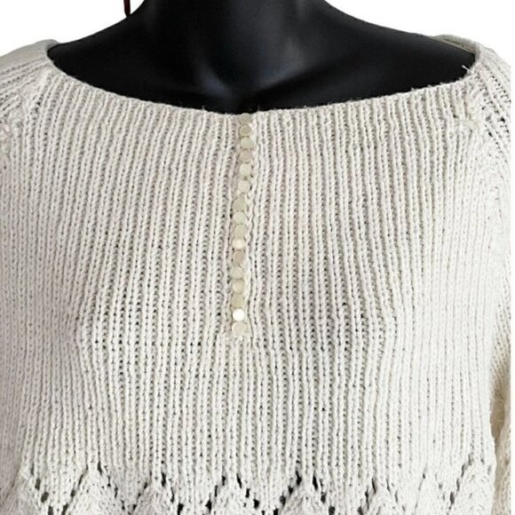 Pearl Detail Granny Core Hand Knit Chunky Cable Ribbed Sweater Ivory Women’s L - Picture 2 of 8